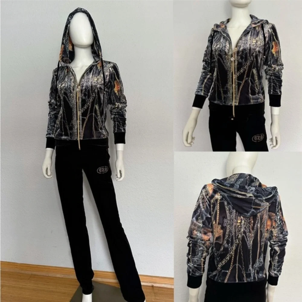 NWT WOMEN VELOUR TRACKSUIT 2 PC SET JACKET/BLACK‎ PANTS HOODED ZIPPED LOUNGEWEAR